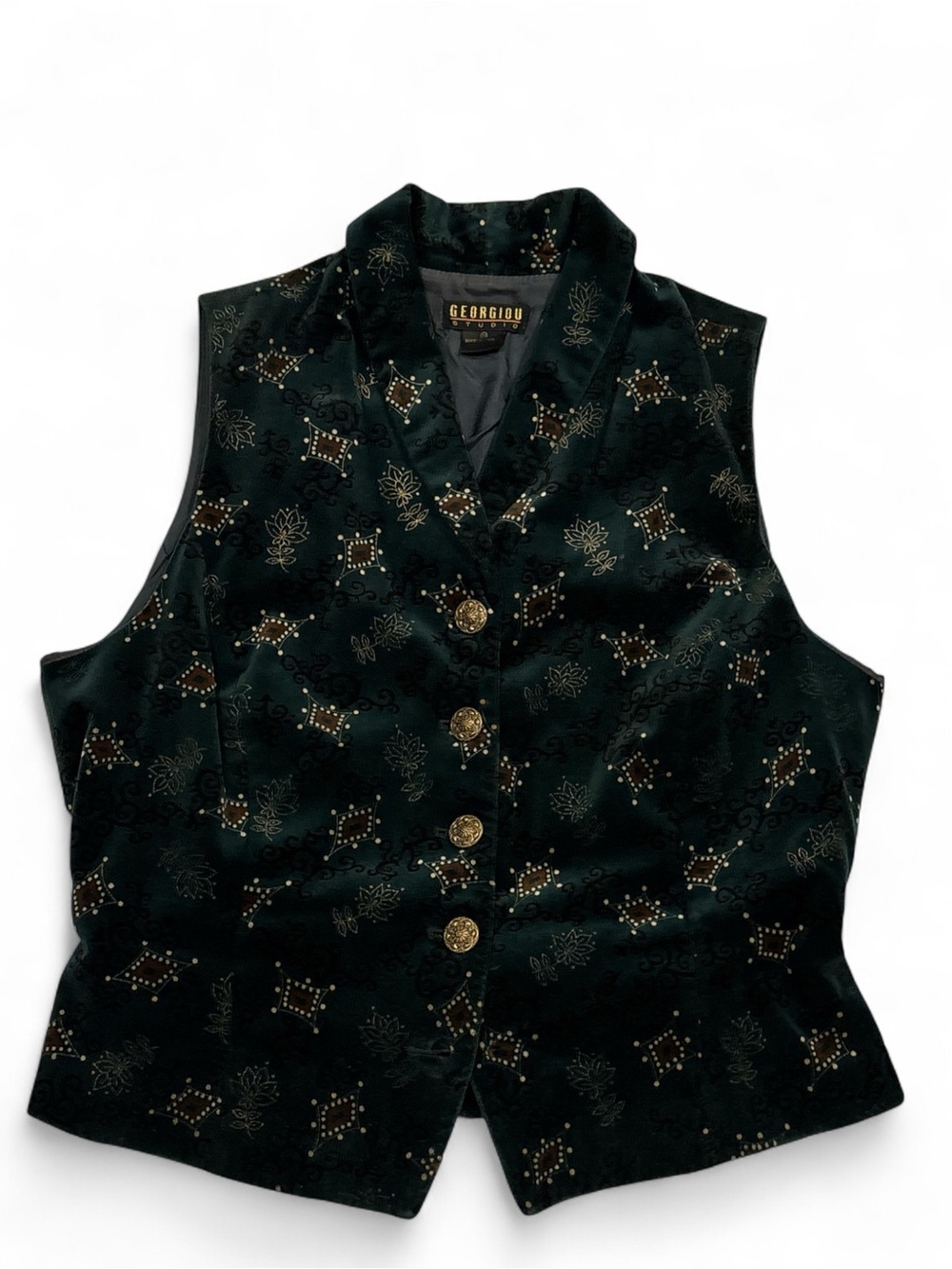 Vintage 90s Georgiou Studio Velvet Vest Emerald Green Gold Embroidery SZ. 10